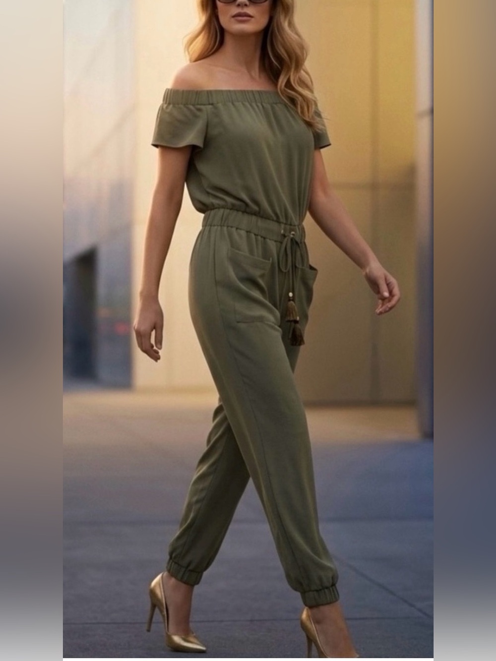 Michael Kors Off-Shoulder Drawstring Waist Jogger Jumpsuit XS Olive Green MK